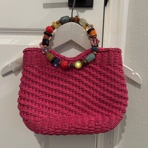 Cappelli Straworld Fuchsia Woven Tote with Beaded Handle